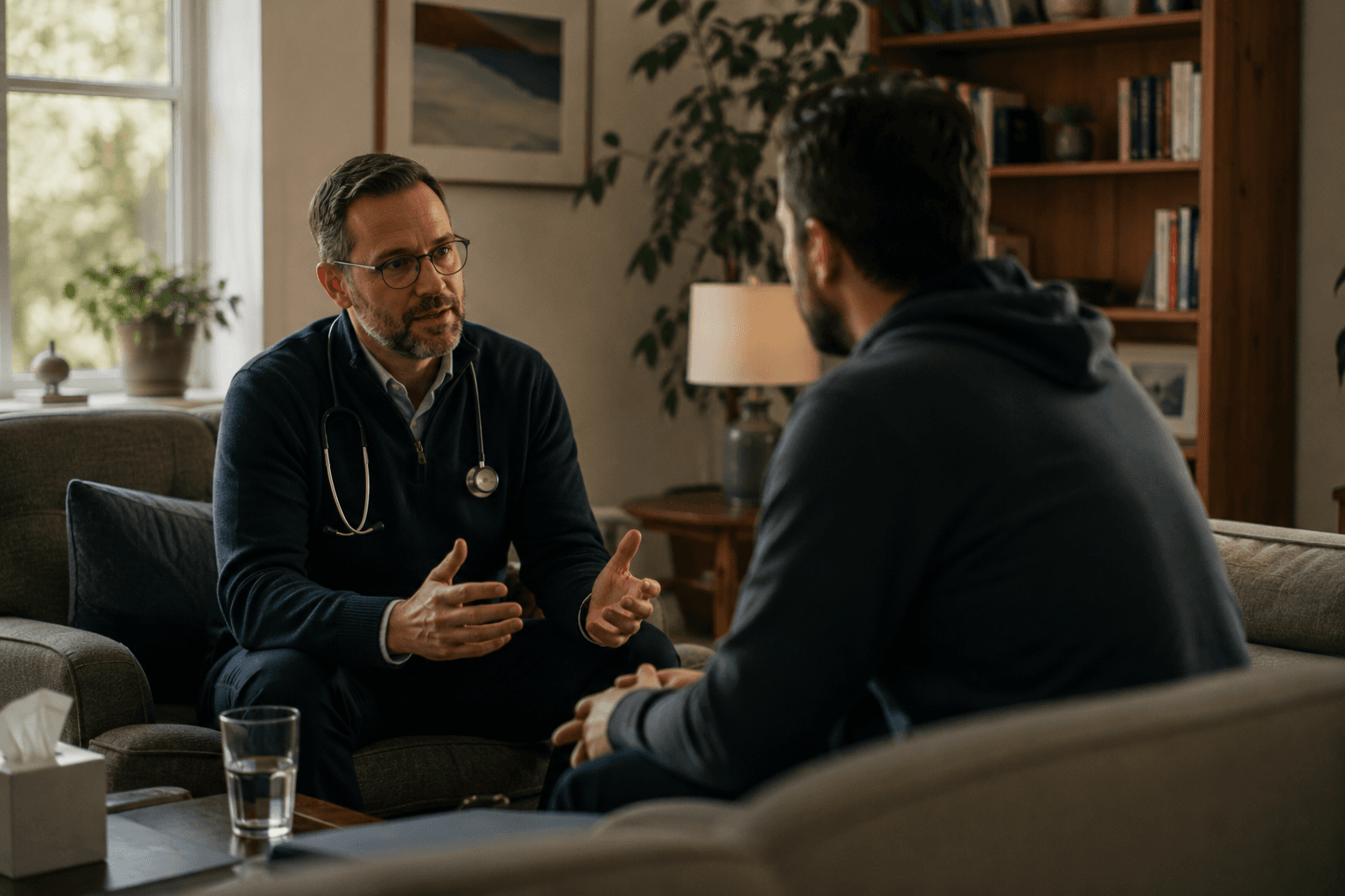 A healthcare professional in a warm, supportive consultation about alcohol detox options