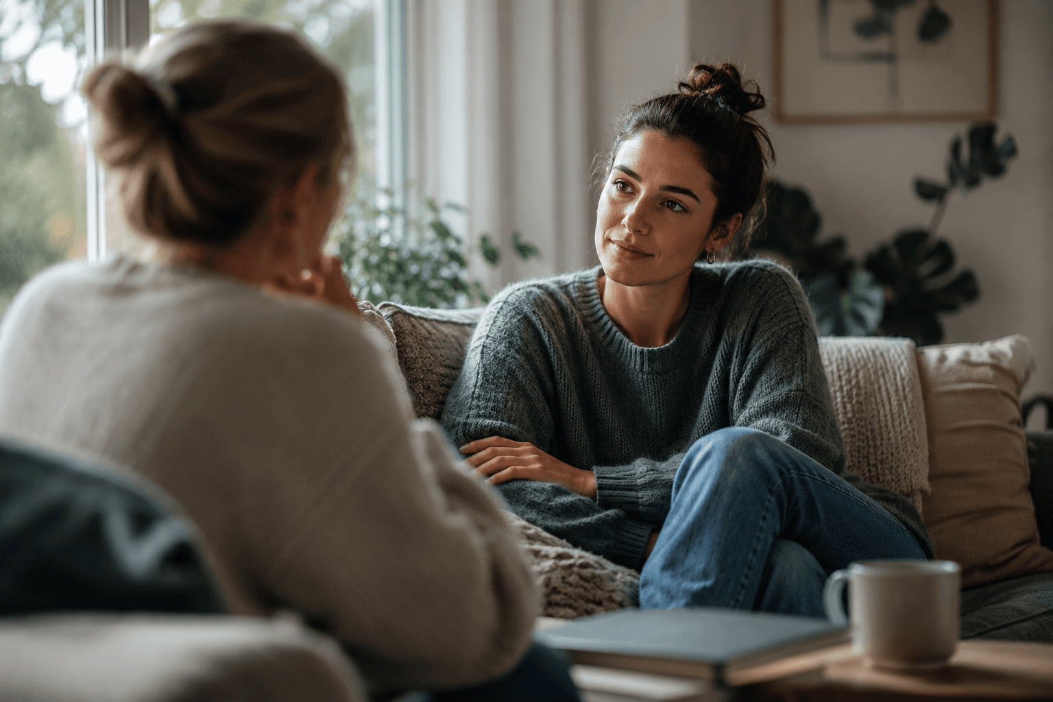 Two people in a calm, open conversation about alcohol withdrawal and recovery