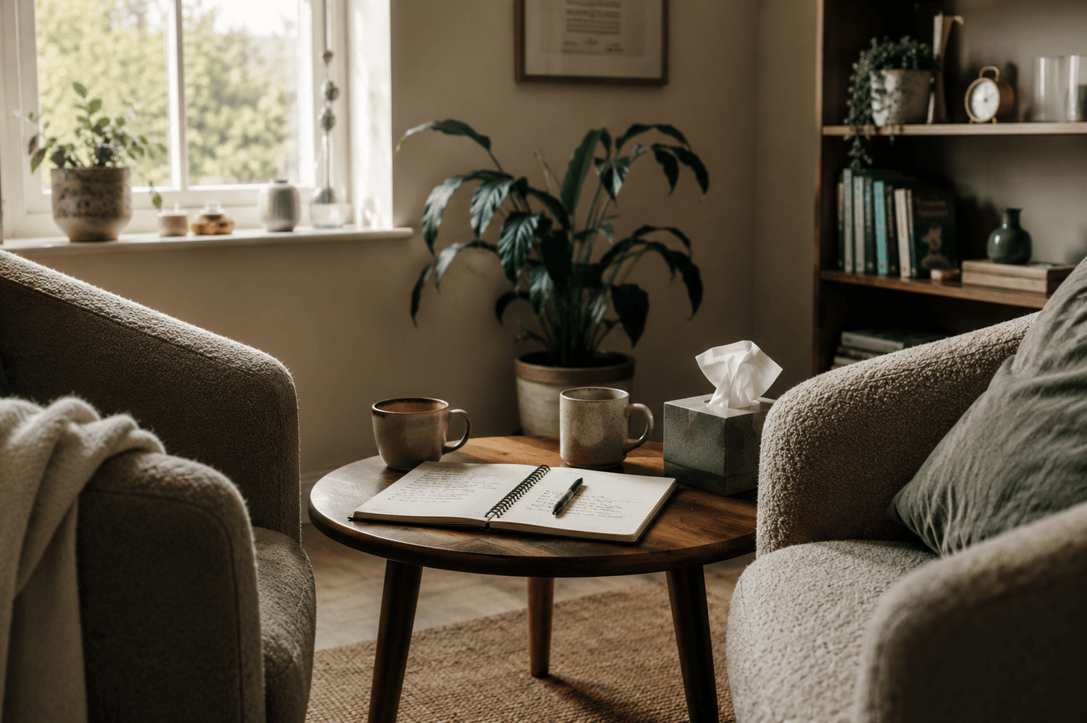 Empty therapy chairs in a calm, private room — the space that follows a successful detox