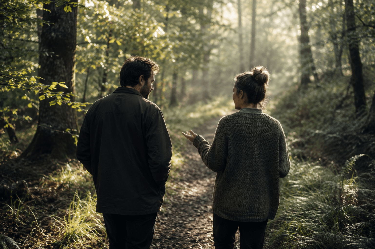 A warm, outdoor therapy conversation between two people during residential treatment